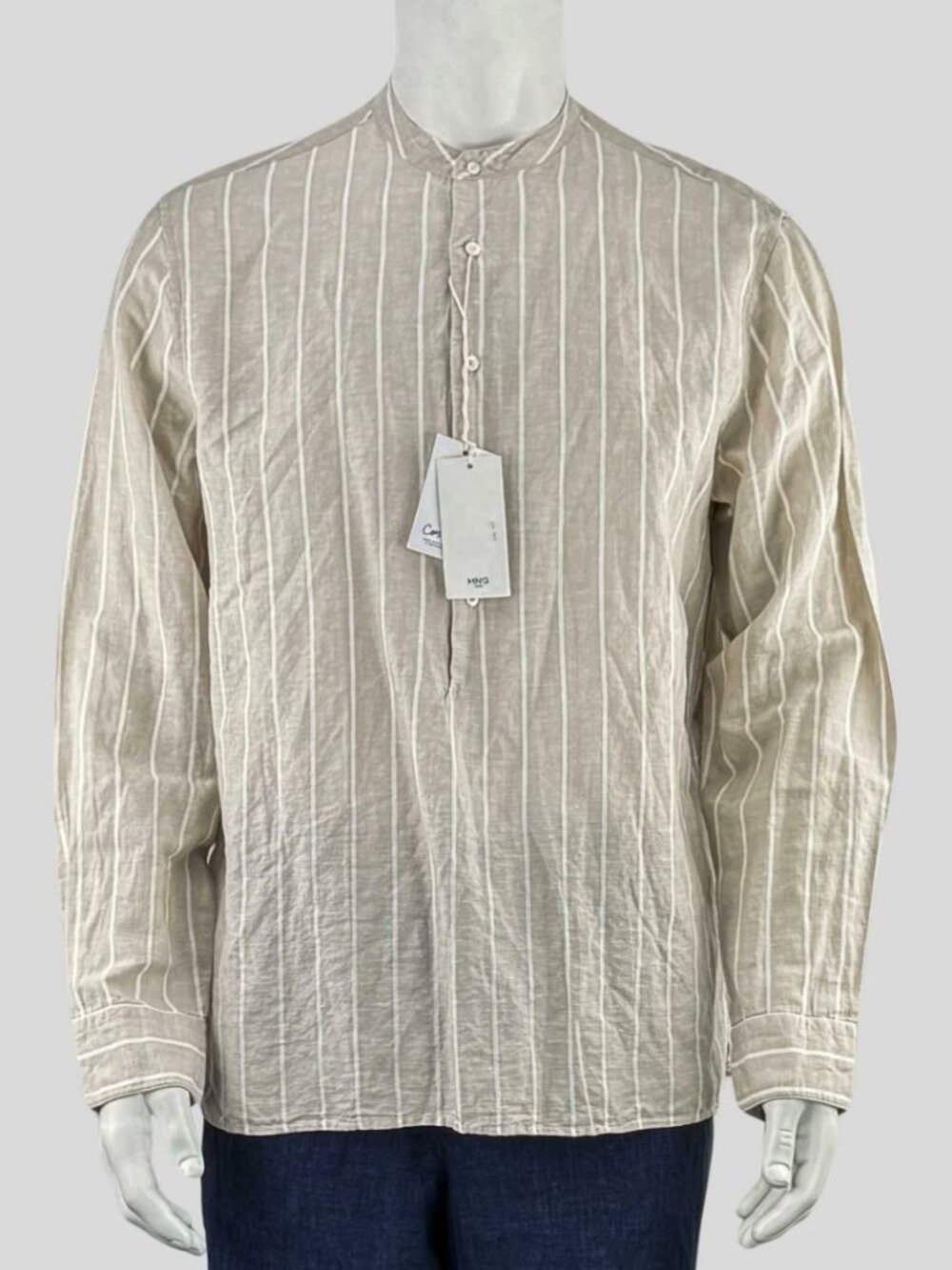 Mango Mens Tan White Stripe 100% Linen Mao Band Collar Shirt - Medium NWT